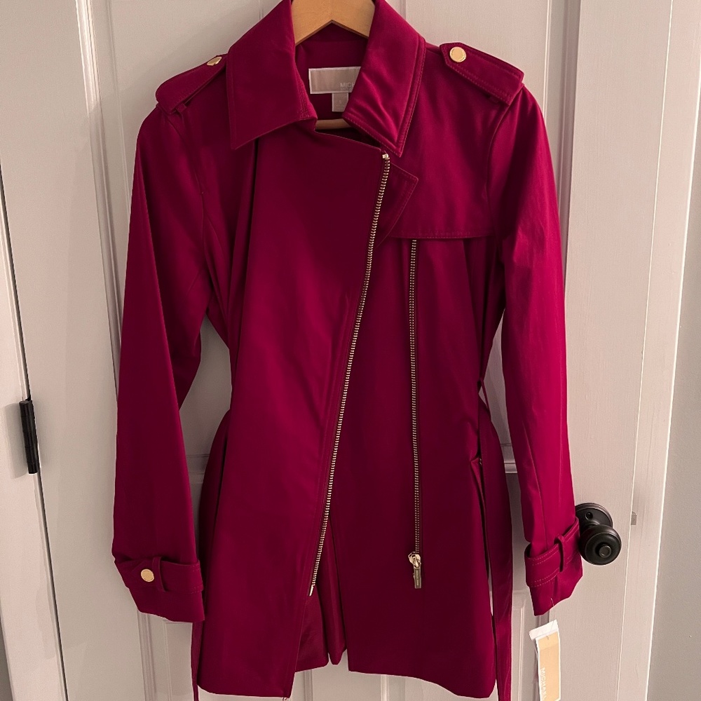 Red belted Michael Kors Trench coat